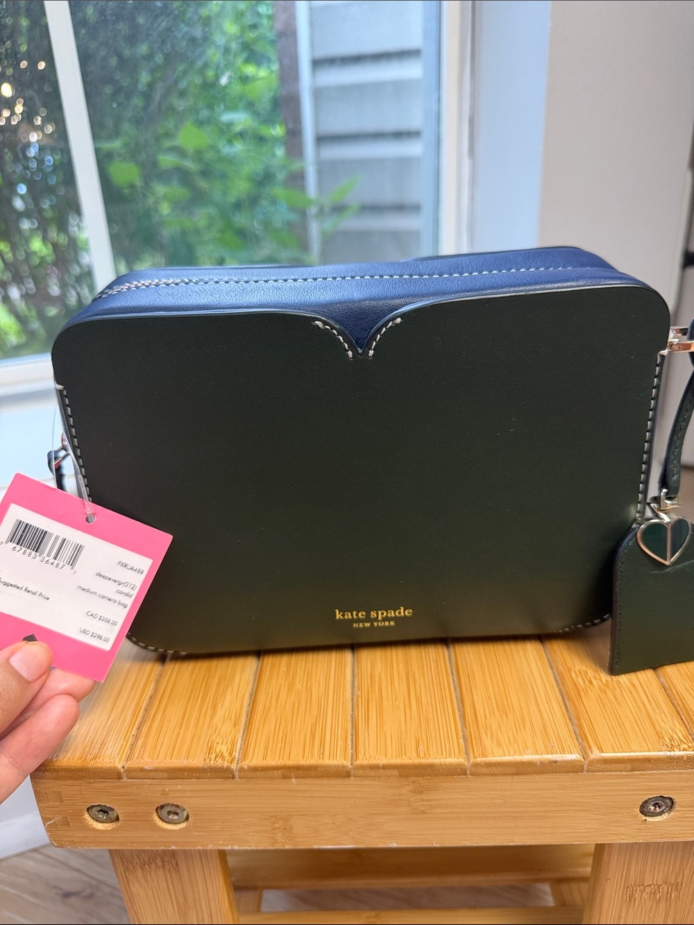 kate spade dark green leather crossbody with navy trim